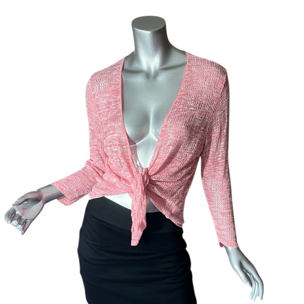 Kim Rogers LARGE Open Knit Lightweight Open Front Cardigan 3/4 Sleeves Pink